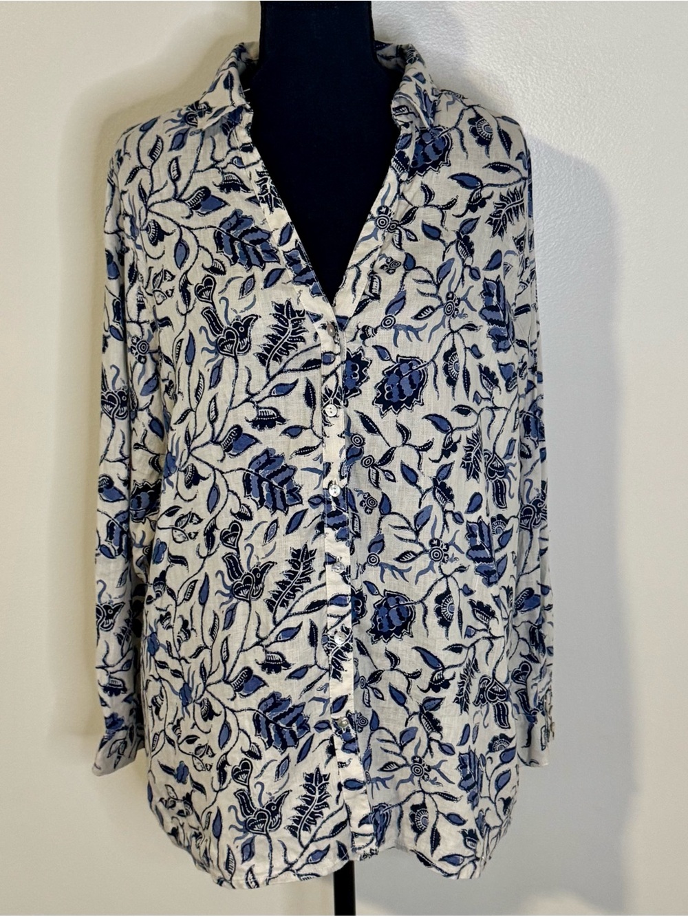 Rachel Zoe Navy and White Floral-Print Button Down Shirt